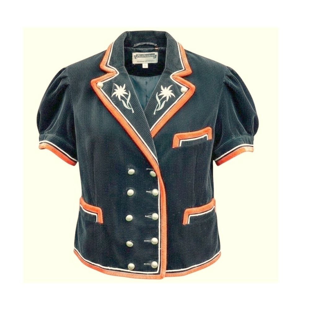 Lutteurs Womens Vintage Corduroy Jacket Black Orange Edelweiss Puff Sleeve